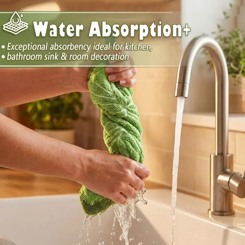 2 Pack Leaf Shape Kitchen Hand Towels Soft Absorbent Hanging Loop Bathroom